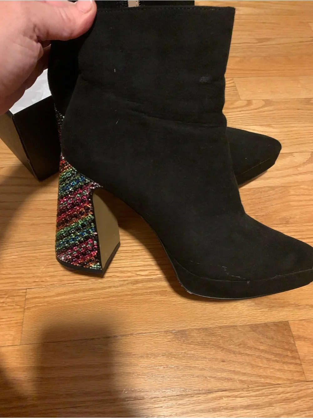 Betsey Johnson Black Suede Ankle Boots with Rainbow Crystal Block Heel